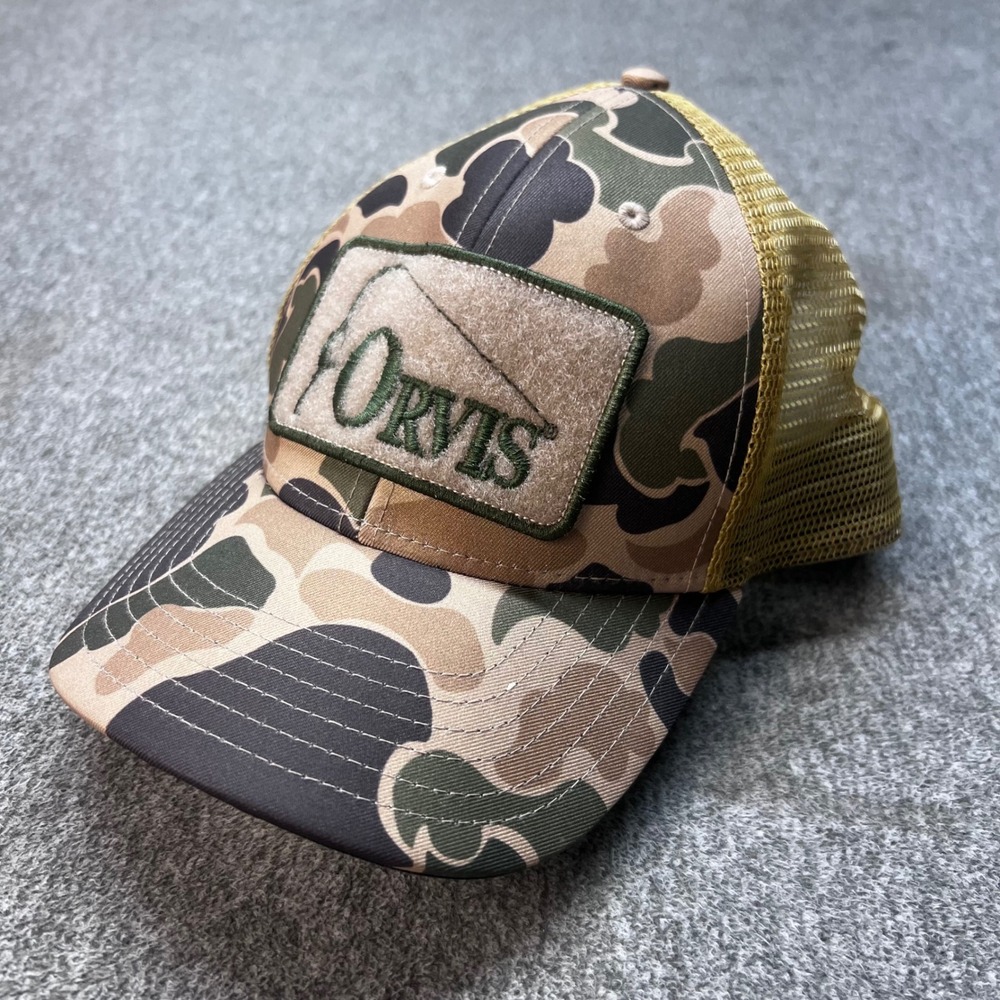 Orvis Duck Camo Trucker Hat Mesh Back Snapback Logo Patch Brown Gold Camouflage